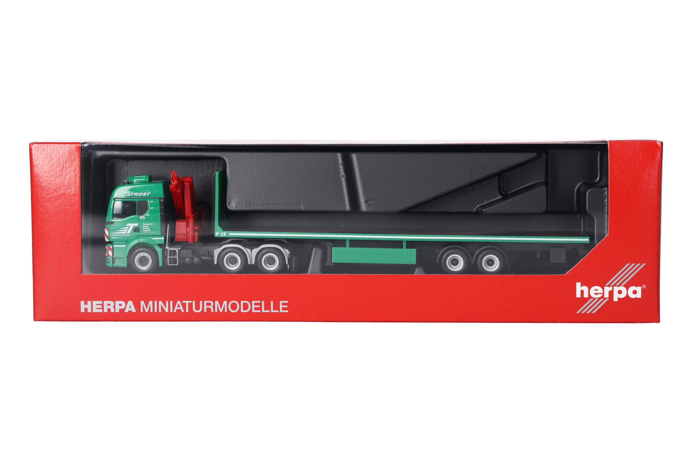 Herpa model ciężarówki MAN TGS TM zestaw z naczepą kłonicową „Trost” (Austria), miniatura w skali 1:87, model kolekcjonerski, Made in Germany, tworzywo sztuczne
