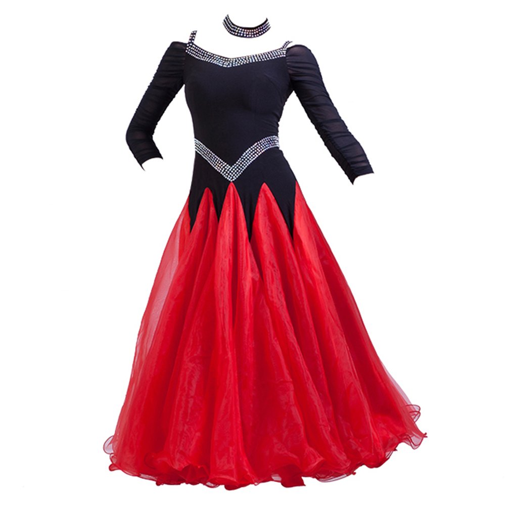 NAKOKOU Women Ballroom Dance Competition Dresses Modern Waltz Standard Ballroom Dance Costumes(Black+Red,S)