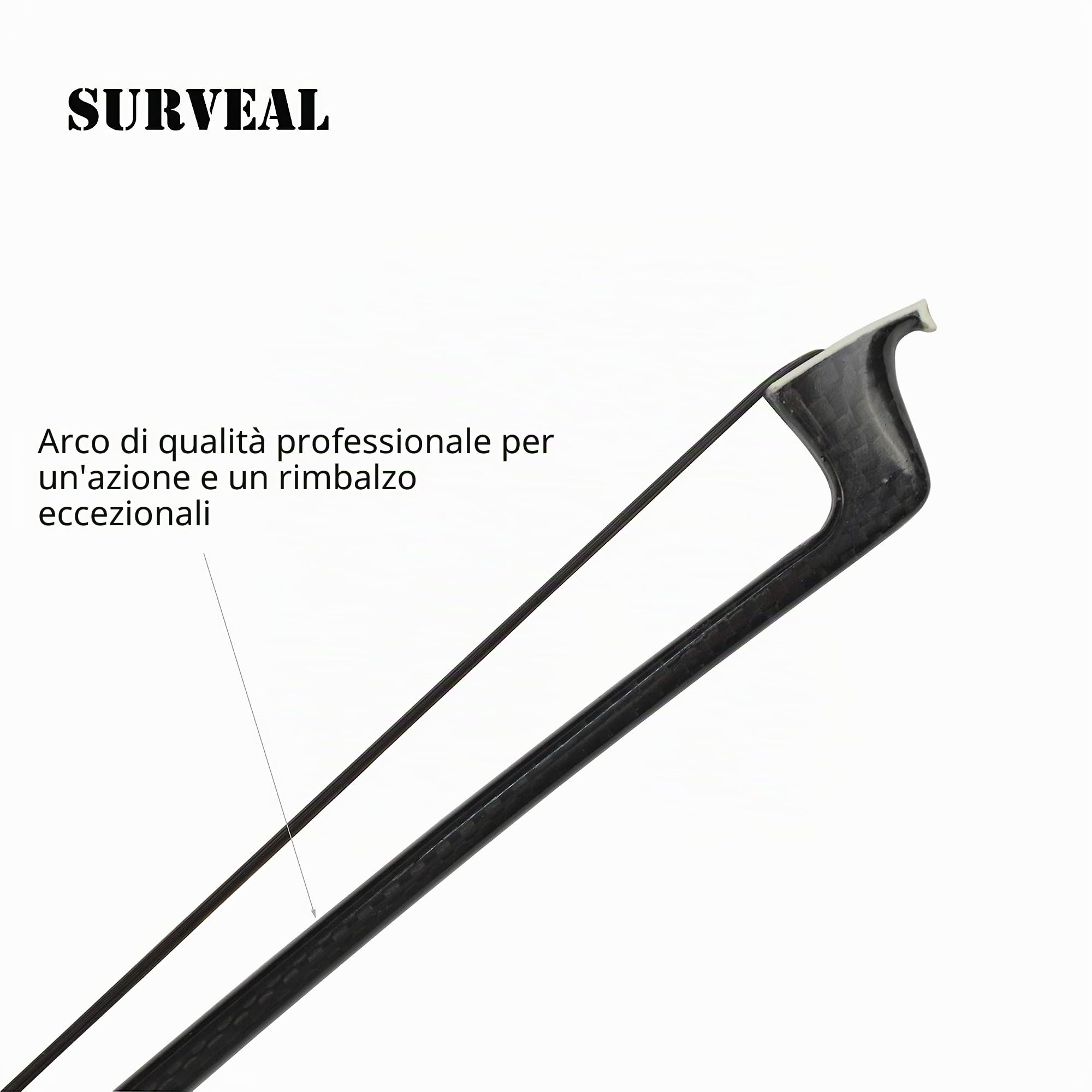 Archetto per violino, in fibra di carbonio e peli di coda di cavallo della Mongolia nero naturale, nasetto in ebano inciso, ben equilibrato 4/4 Nero