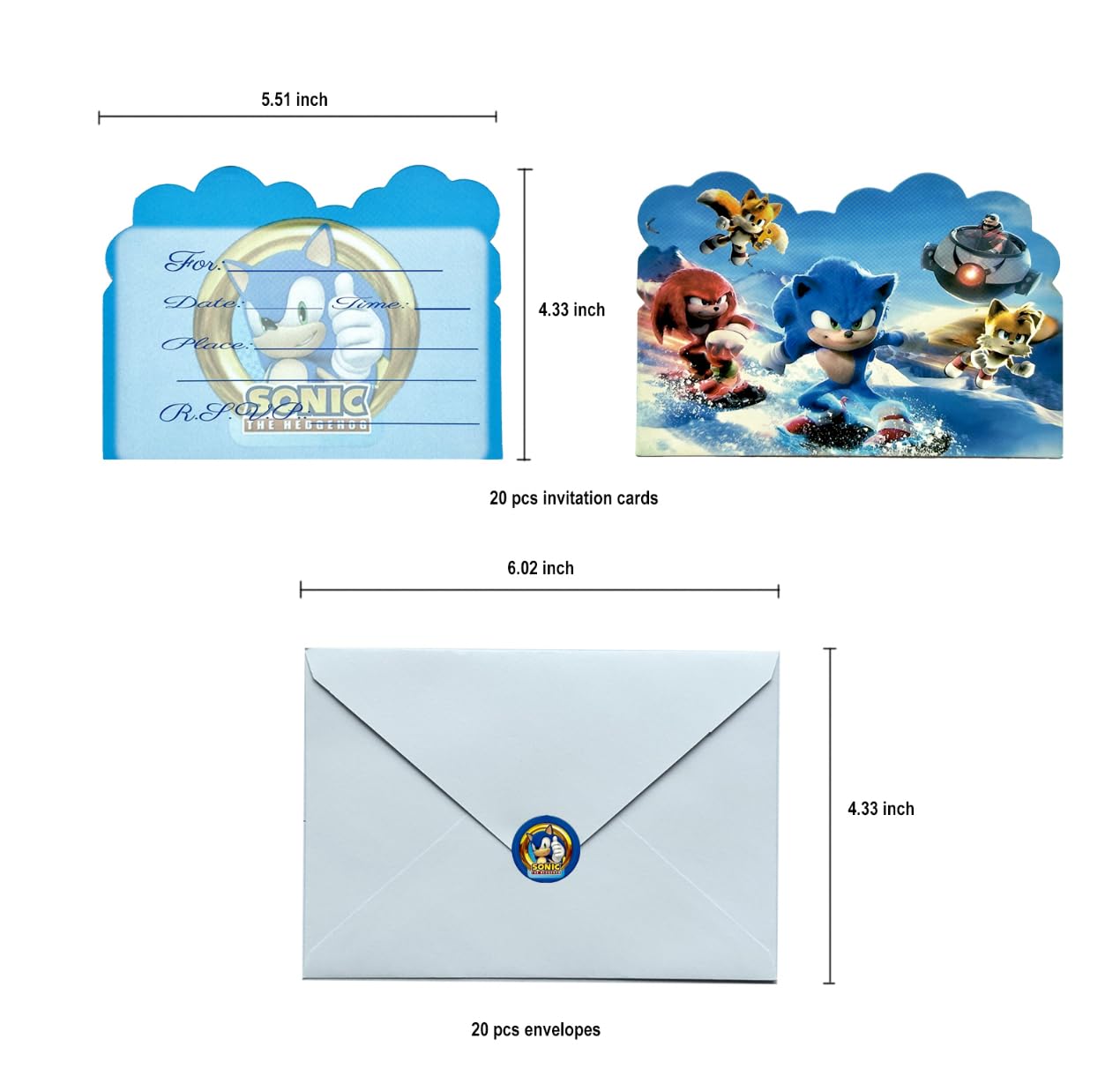 Rovercci 20 Sonic invitation card & 20 white envelopes with 20 Sonic stickers and 20 Sonic Goodie Bags party favor with handles for birthday party decoration
