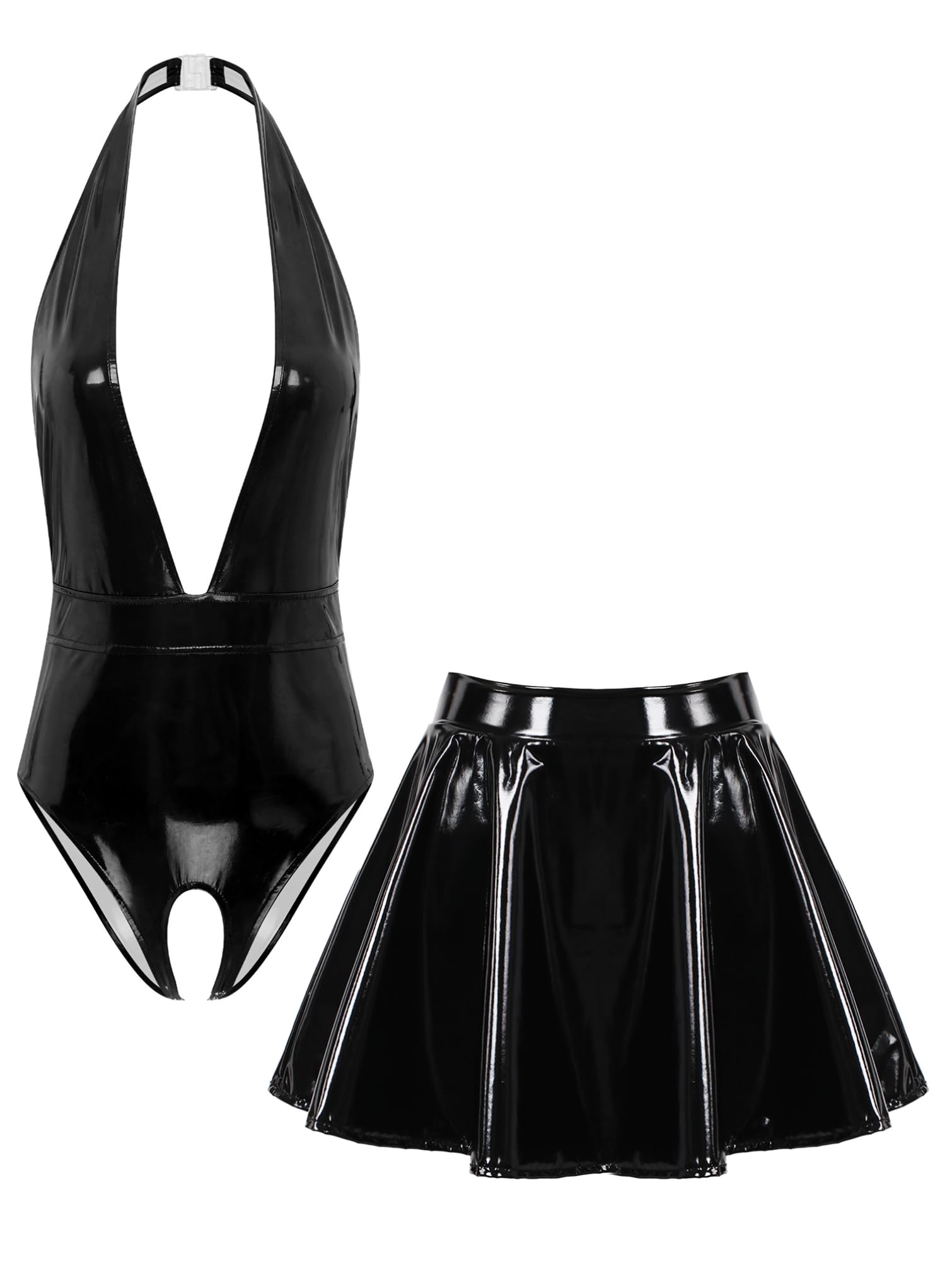 TiaoBug Women's Wetlook Bodysuit Outline Thong Neck Strap Backless Top Deep V-Neck Top and Patent Leather Skirt Mini Pleated Skirt Gogo Clubwear - M - blackone