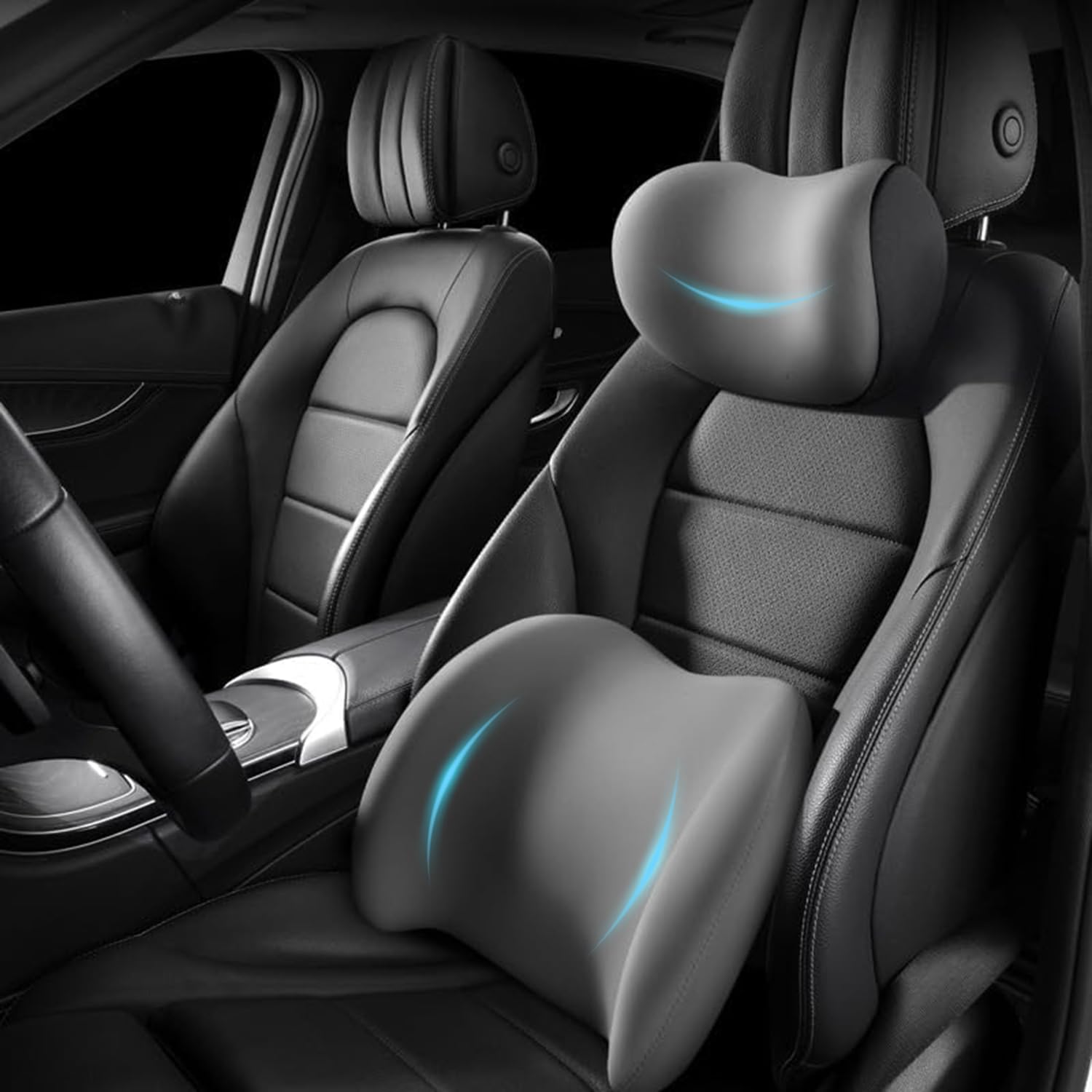 Cojín para reposacabezas y Soporte Lumbar para automóvil para Vauxhall Opel Corsa E, cojín de Soporte Lumbar ergonómico, Cuero de Gamuza,Grey-Headrest and Lumbar Cushion