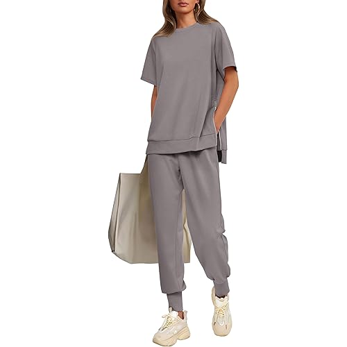 PRETTYGARDEN Women's Summer 2 Piece Outfit Tracksuits Casual Short Sleeve Tops High Waisted Sweatpants Set