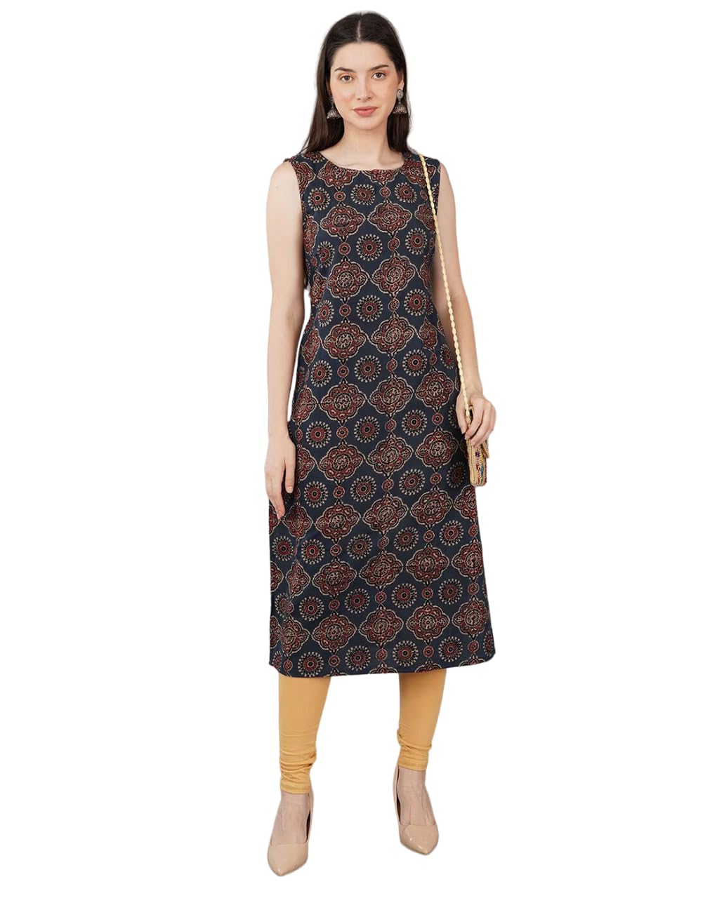Patlani Women's Cotton Blened Sleeveless Printed Full Stitched Kurti.(K-199) Dark Blue