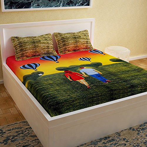 Image of Story@Home Bedspun Picasso Collection 152 TC 100% Cotton Green 1 Bedsheet for Double Bed with 2 Pillow Cover