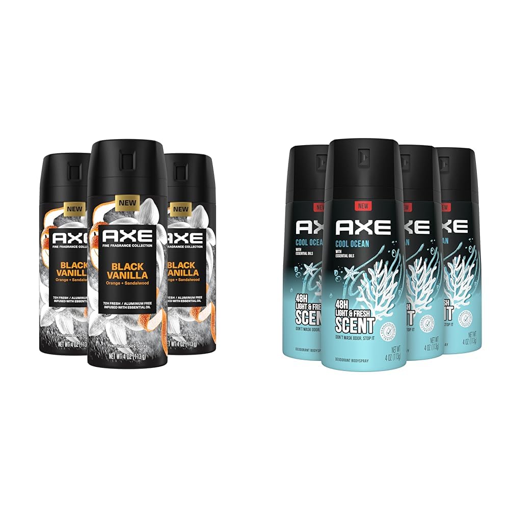 Axe Fine Fragrance Black Vanilla Orange Sandalwood Premium Body Spray 3 Count + AXE Cool Ocean Dual Action Deodorant Body Spray Pack of 4