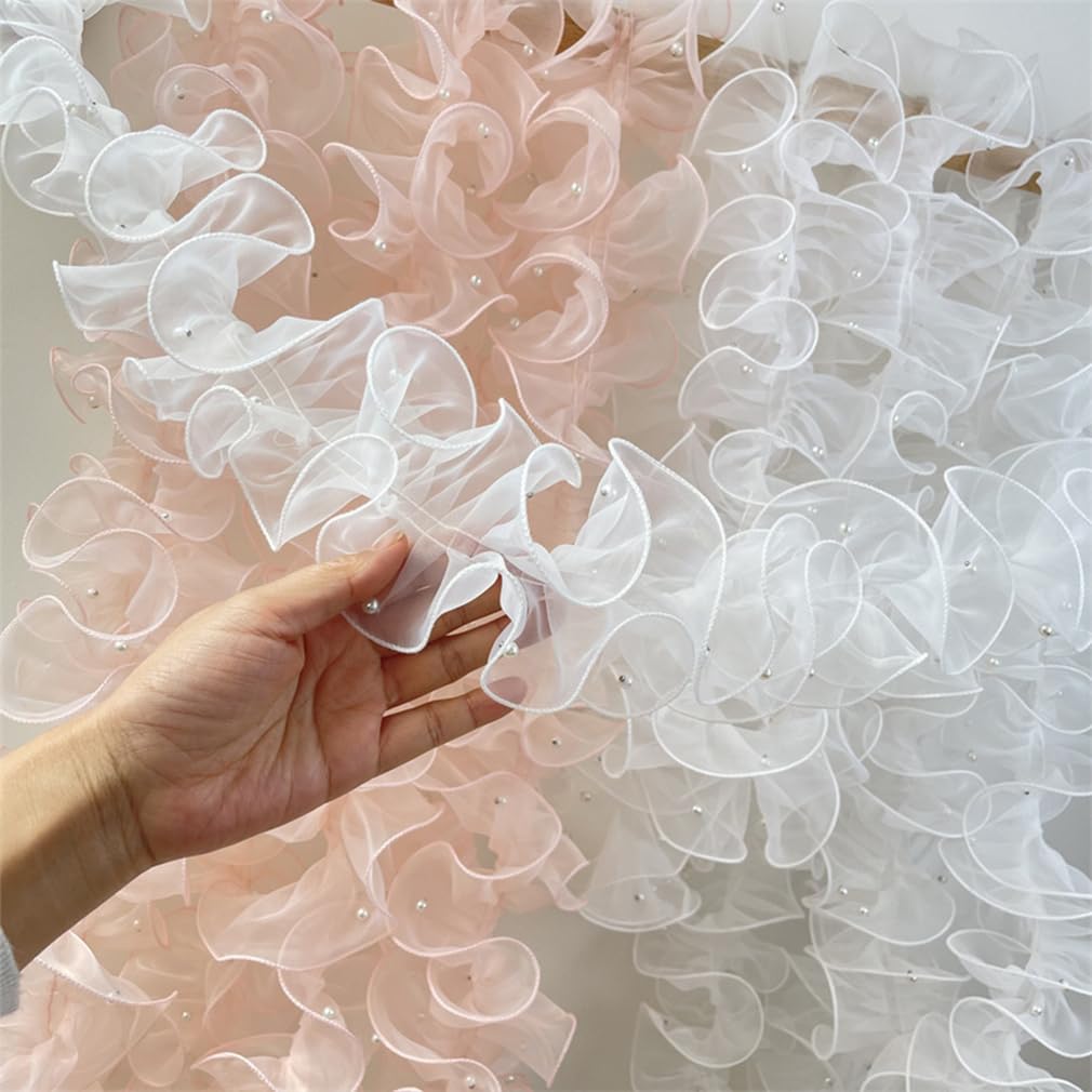 10 Yards 11cm Plissiertes Organzaband Rüschen Spitzenborte mit Perlen Organza Spitzenband Tüll Spitzenstoff Spitzenbordüre für Applikationen Kleidung DIY Nähen Basteln Blau
