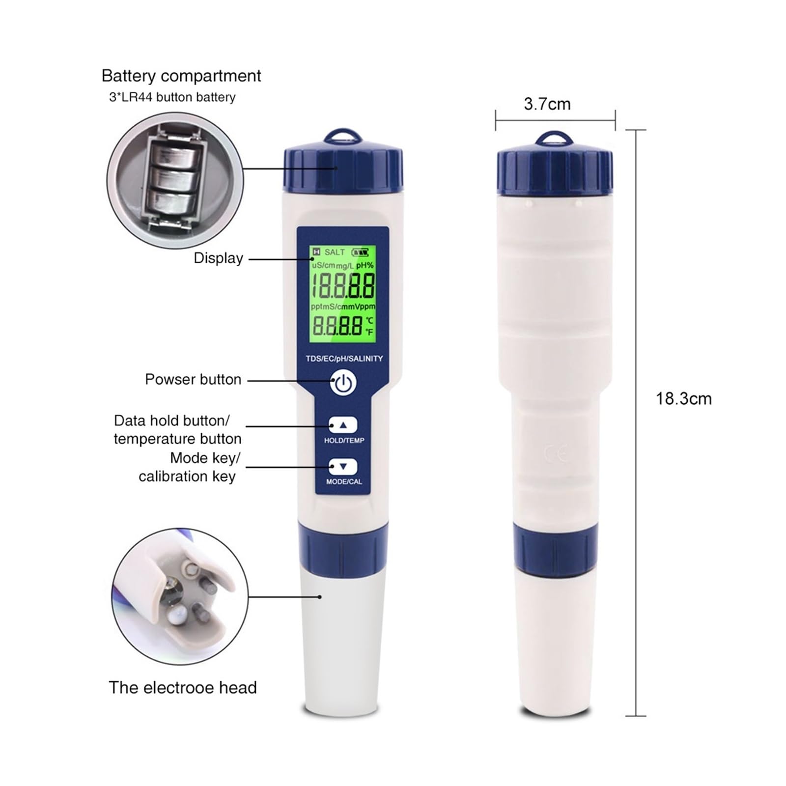 Kit per l'analisi dell'Acqua, Tester di qualità Acqua 5 in 1 LCD Digitale PH/TDS/EC/Sale/Temp Misuratore Ez 9909 Monitor for Piscine Acqua Potabile Acquari