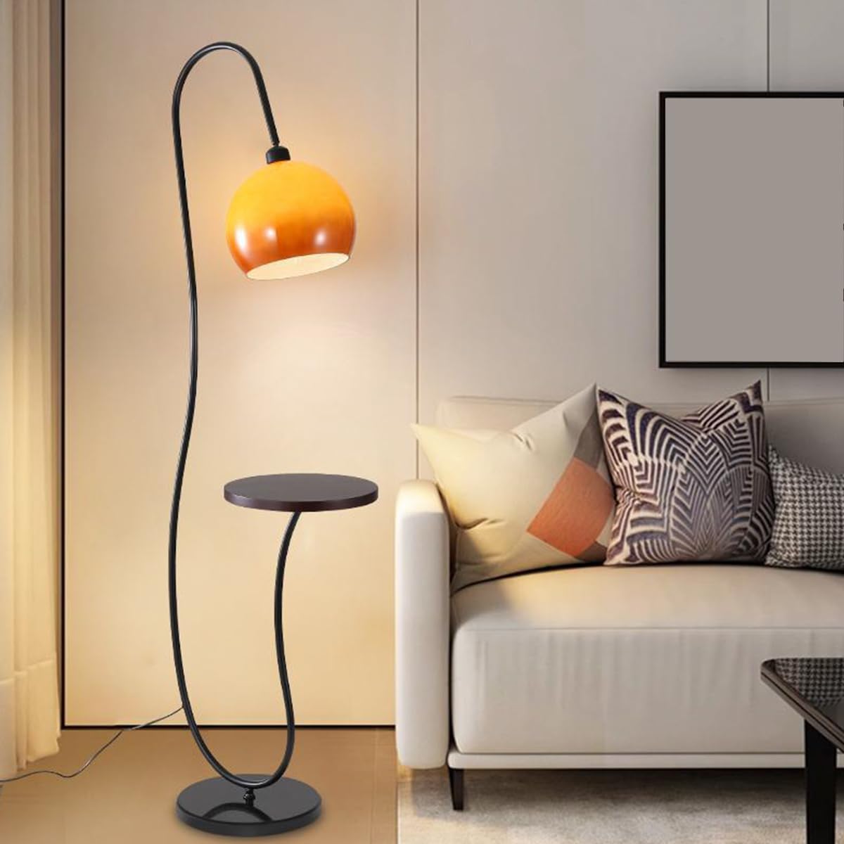 HGJHJJHK Nordic Simple Floor Lamp with Tray Mid Century Tall Lamps with Orange Glass Shade and Black Marble Base Metal Standing Lamp Arc Reading Lamp for Living Room Bedroom Office