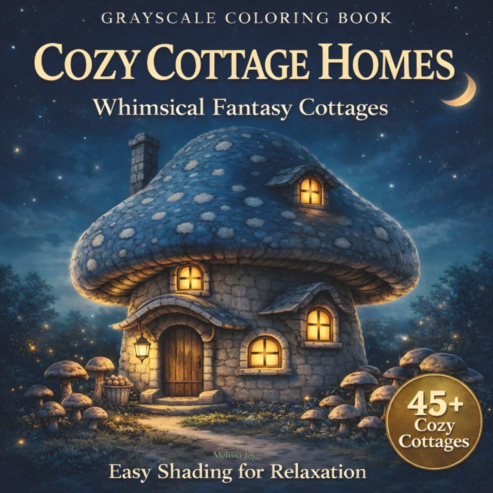 Grayscale Coloring Book: Cozy Cottage Homes: Whimsical Fantasy Cottages — Easy Shading for Relaxation (Grayscale Coloring Book Series)