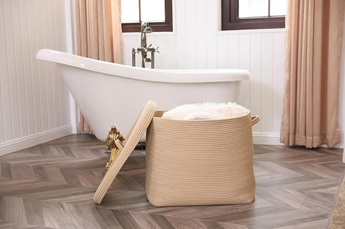 GRATIFY 18"x12"x14" Rectangular Extra Large Storage Basket With Lid, Large Cotton Rope Storage Basket, Woven Laundry Hamper, Cloth Storage Bin, for Clothes Towels Blankets in Living Room.(All Beige)