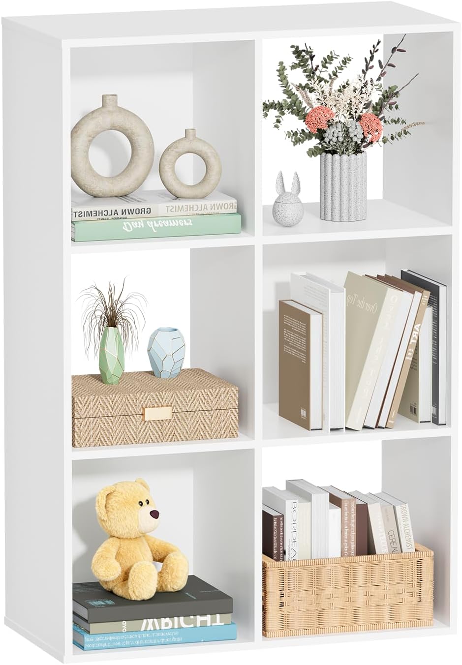 6 Cube Storage Organizer, Open Bookshelf Storage Cubes Shelf with Back Panel, Wooden Display Shelf Bookcase Standing Shelves for Living Room, Bedroom, Home Office (White, 6-Cube)