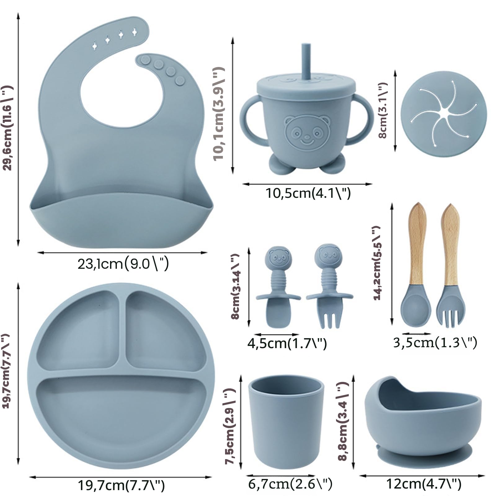 Vajilla Bebé de Silicona,8 piezas Vajilla Bebe(cuchara, tenedor, tazón, babero, vaso) | Cubiertos infantiles de alimentaria con diseño antideslizante Sin BPA, Apto para lavavajillas,azul.