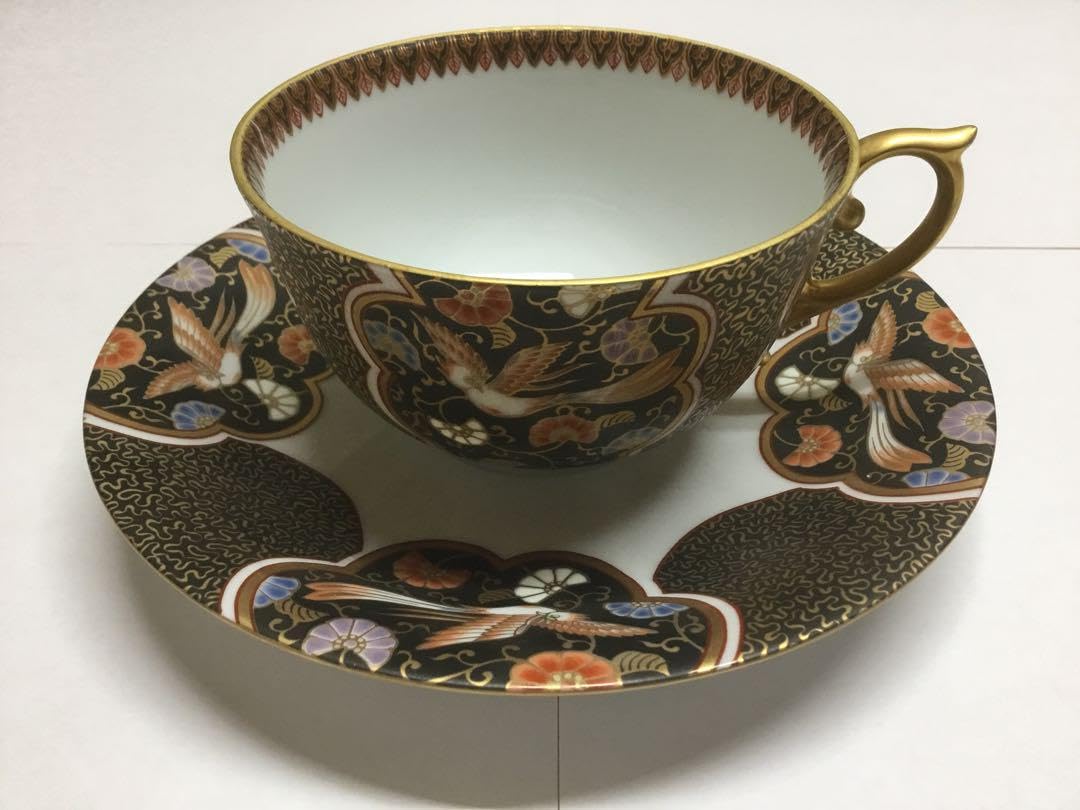 新品 有田焼 其泉窯 黒外濃金海松鳳凰紋 スープカップ ソーサー 伊万里