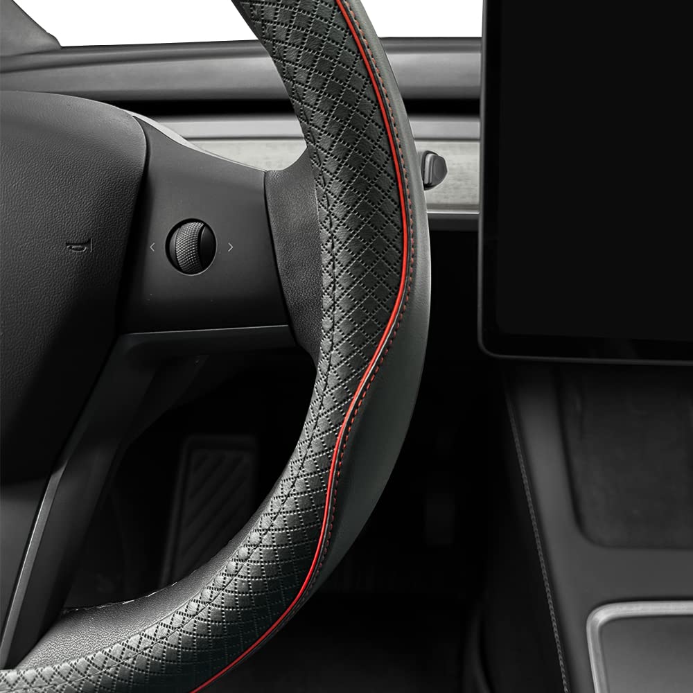 Coprivolante,per Tesla Model 3/Tesla Model Y,Fibra di Carbonio Coprivolante Quattro Stagioni Antiscivolo Accessori Auto,B-Red