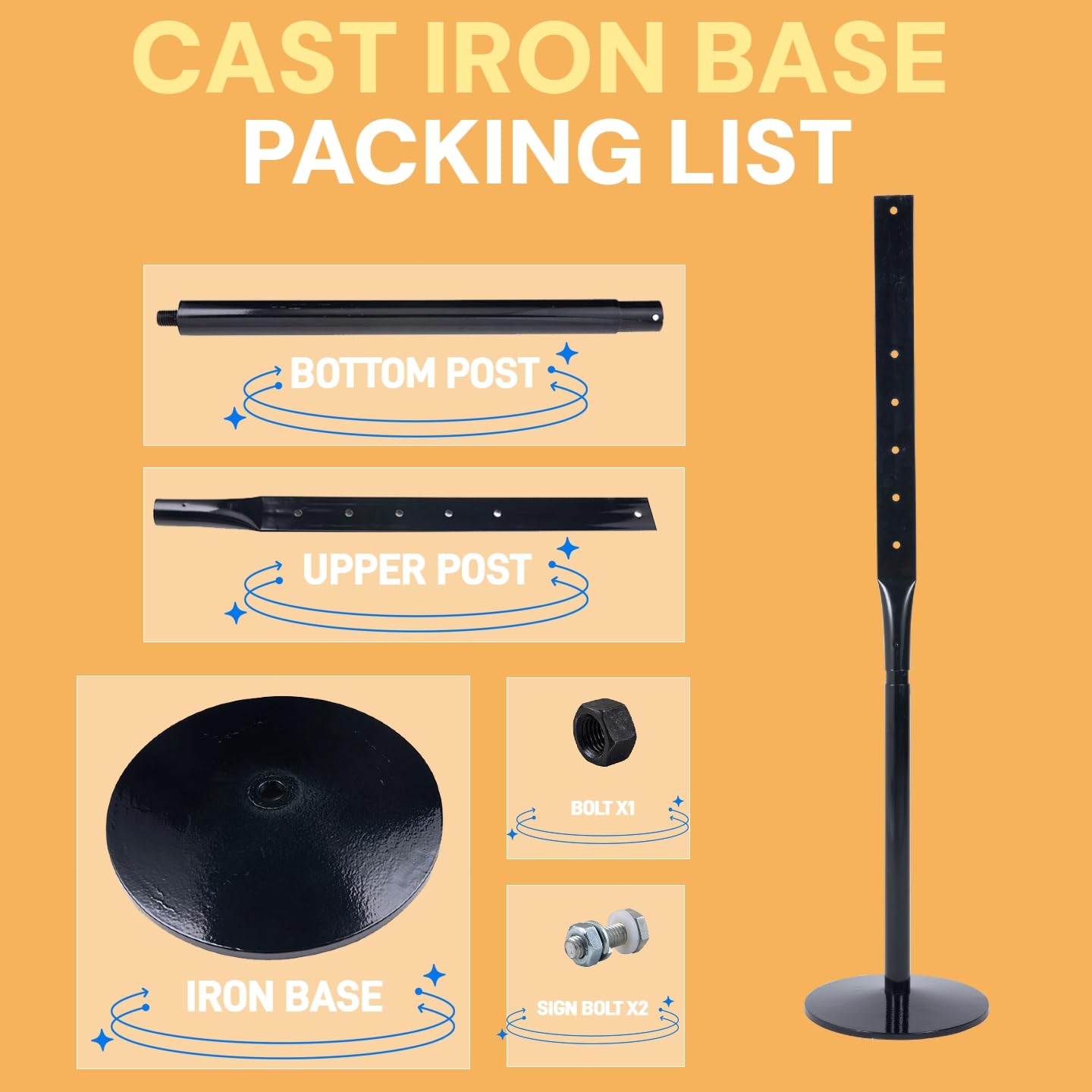 Kit de poste y base de hierro fundido resistente, soporte de 12 pulgadas de diámetro con poste de 48 pulgadas, pernos y tuercas para colgar carteles, soporte portátil para estacionamiento y
