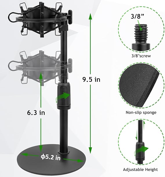 Upgraded AT2020 Desktop Mic Stand, Adjustable Mic Stand Desk with Shock Mount and Foam Windscreen for Audio Technica AT2020 AT2020USB+ AT2035 ATR2500 Condenser Mic