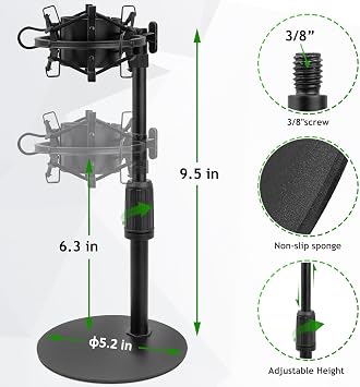Upgraded AT2020 Desktop Mic Stand, Adjustable Mic Stand Desk with Shock Mount and Foam Windscreen for Audio Technica AT2020 AT2020USB+ AT2035 ATR2500 Condenser Mic