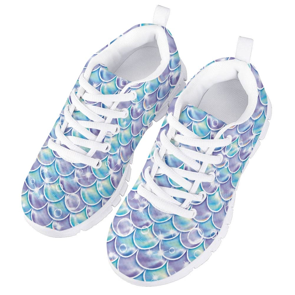 DUOLIFU Boys Girls Cute Mermaid Scales Print Breathable Tennis Running Shoes Athletic Sport Sneakers,Mermaid Scales 16,11.5 US