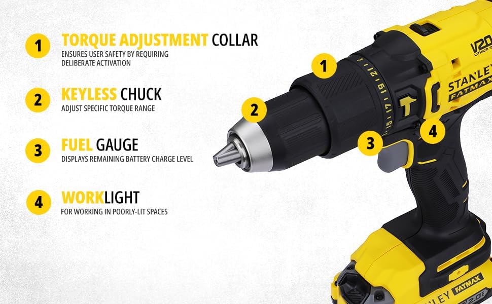 STANLEY FATMAX SCD711D2K 20V 2.0Ah 13 mm Reversible Cordless Brushed Hammer Drill With With 2x2.0Ah Li-ion Batteries, 1pc Charger, 2 Speed Gearbox & LED Worklight, 2 Year Warranty, YELLOW & BLACK 2