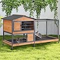 GUTINNEEN 2-Story Rabbit Hutch with Chew-Proof Full Metal Frame for Indoor/Outdoor - 62" Bunny Cage with 6 Locking Casters & 2 Pull-Out Trays for Rabbits, Guinea Pigs, Small Pets (Brown)
