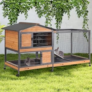 GUTINNEEN 2-Story Rabbit Hutch with Chew-Proof Full Metal Frame for Indoor/Outdoor – 62″ Bunny Cage with 6 Locking Casters & 2 Pull-Out Trays for Rabbits, Guinea Pigs, Small Pets (Brown)