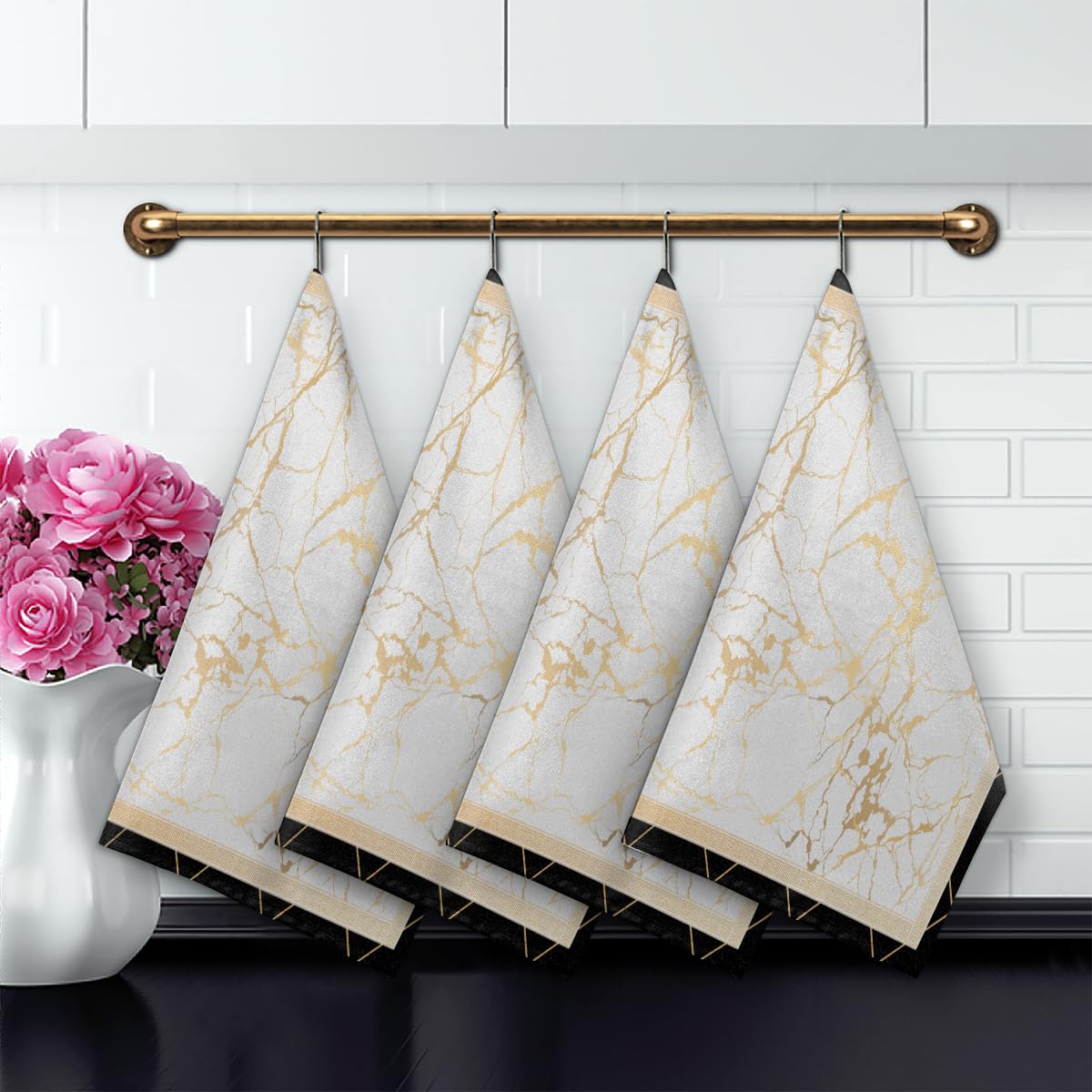 Set 2 Strofinacci Da Cucina In Marmo Nero/grigio/oro - 40x61 Cm, Anello Per Appendere, Lavabili