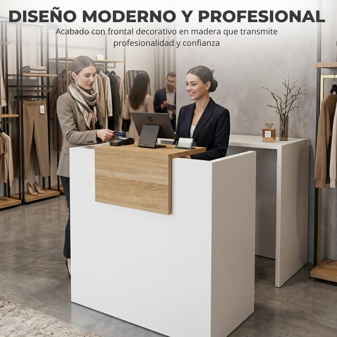 OFICIT Mostrador Recepción Profesional | Mostradores para Tiendas de Madera de 25MM de Grosor | Mueble Recepción con Estantería Ideal como Mostrador Peluquería, Tiendas, Clínicas o Academias
