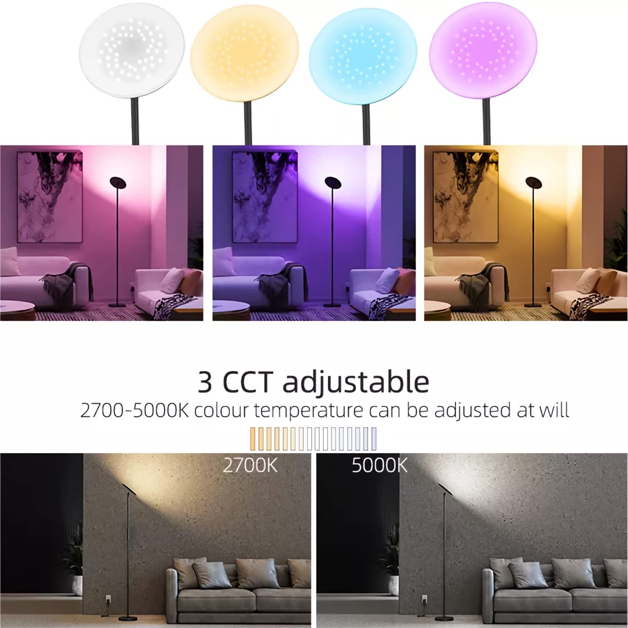 Wohnzimmerfuß SMART, WI-FI + Touch-Sensor + App-Steuerung, dimmbar, 3000 K-6000 K + RGB 25 W, schwarz matt lackiert, schwenkbar, drehbar, indirektes Licht.
