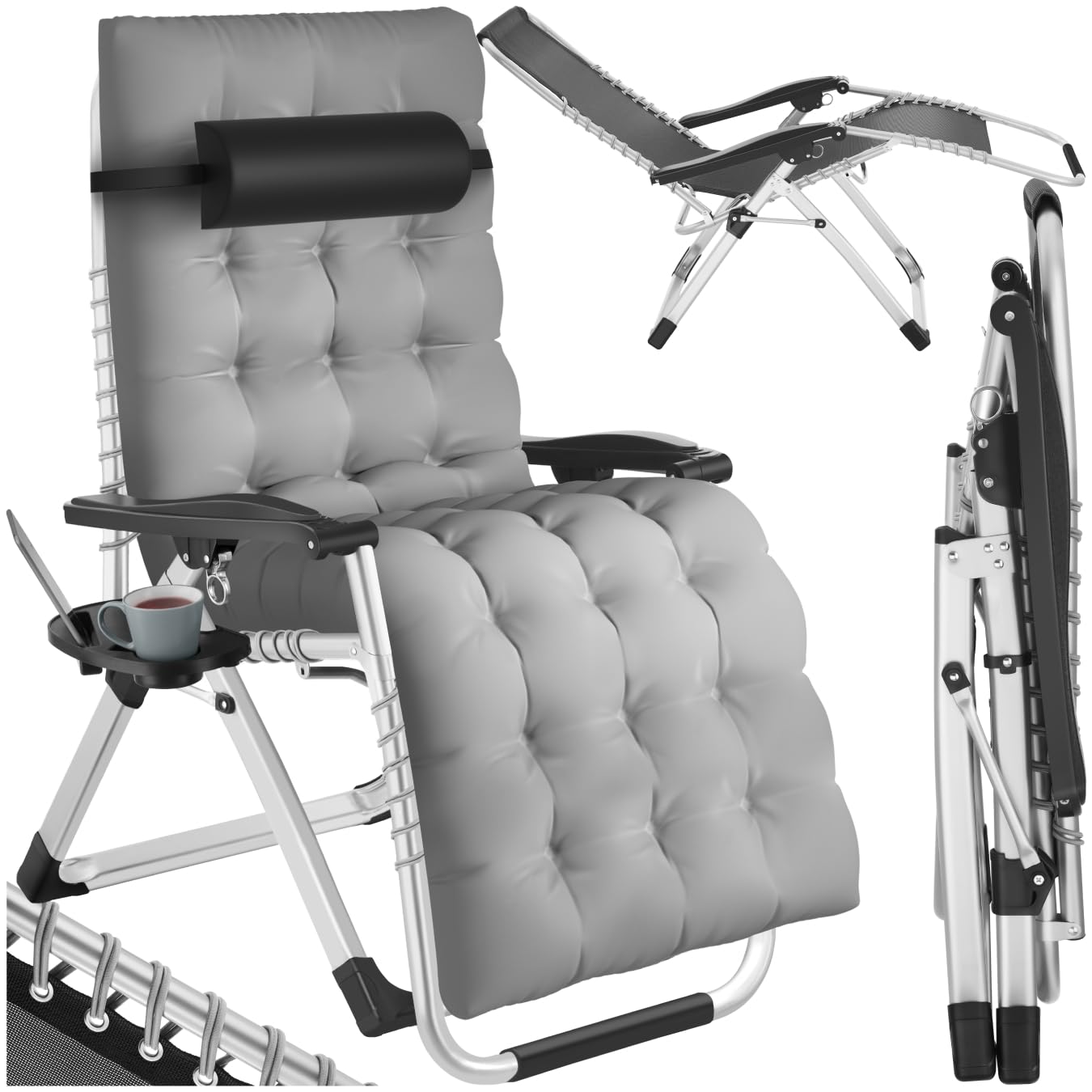 tectake Garden Sun Lounger, Folding Sun Lounger, Sea Lounger with Headrest Cushion, Breathable Fabric, Backrest with Continuously Adjustment, Storage Shelf – Light Grey