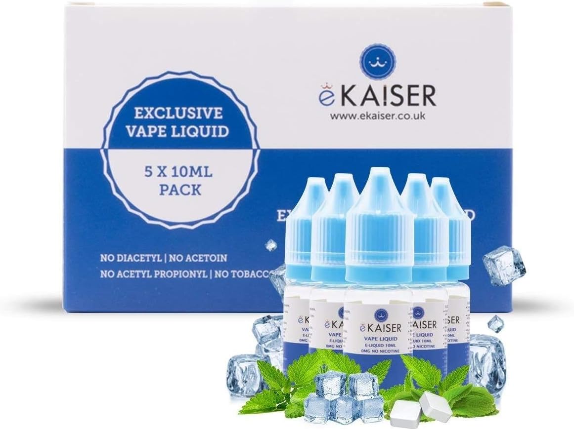 eKaiser 5 Pack Eliquid Mint-Menthol 5 x 10ml Bottles of 0mg E-Liquid Nicotine Free eJuice for e-Cigarettes and Eshisa Eliquid for E-Cigarette and Eshisha