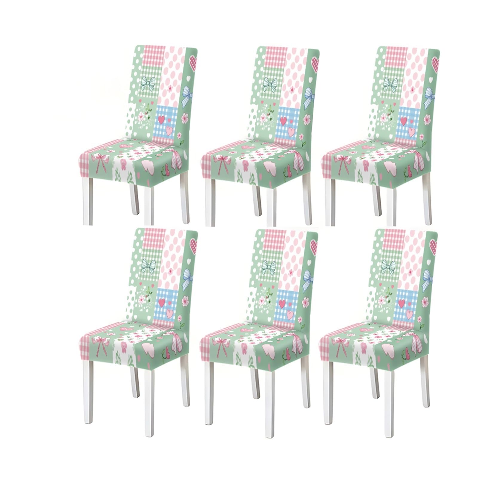 FZJKGH Pastel Bow Patchwork Dining Chair Covers Set Of 2/4/6, Stretch Washable High Back Chair Slipcovers, Cute Girly Home Decor Removable Stretch Slipcovers for Dining Chairs(6PCSChair cover)