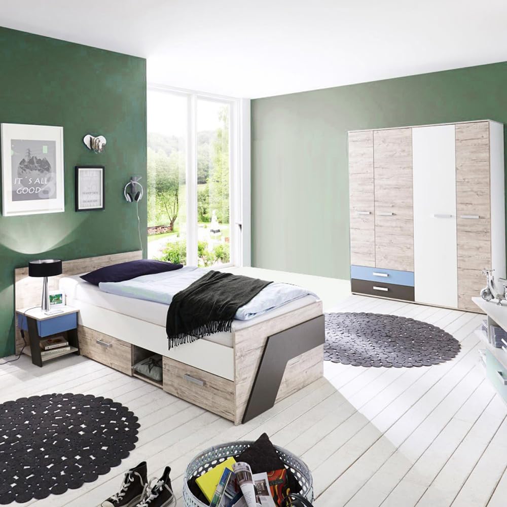 Lomadox Jugendzimmer Kinderzimmer Set, Sandeiche mit weiß, Lava blau, 90x200 Einzelbett, 135cm Kleiderschrank, Nachttisch