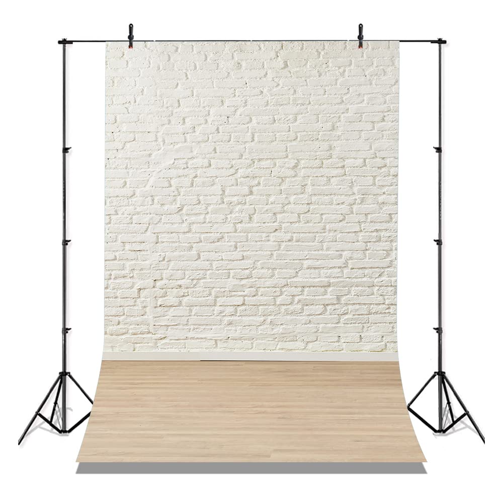TOAOFY 5x7ft Brick Wall Stone Photo Backdrop White Brick Wall Wooden Floor Background for Photography Newborn Baby Boys Girls Adults Portrait Video Photo Booth Studio Props TAY1343