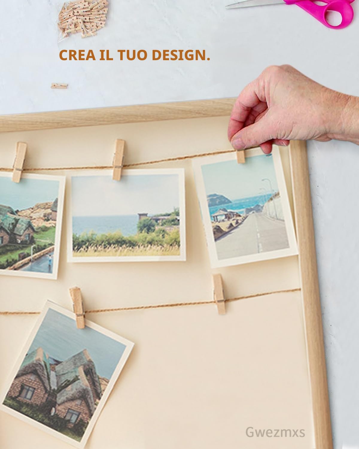 Portafoto con Mollette, Porta Foto, Appendi Foto con Mollette, Portafoto da Parete, 7 Clip, Legno, 42x32cm