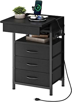 HOOBRO Nightstand with Charging Station, Bedside Table with Fabric Drawers