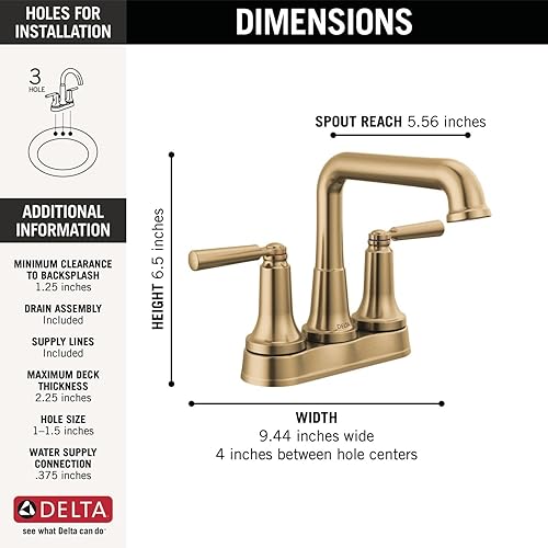 Miniatura 4 de Delta 2536-MPU-DST Saylor Grifo de baño central de 1.2 GPM con conjunto de drenaje emergente y tecnología de válvula de sello de diamante, bronce