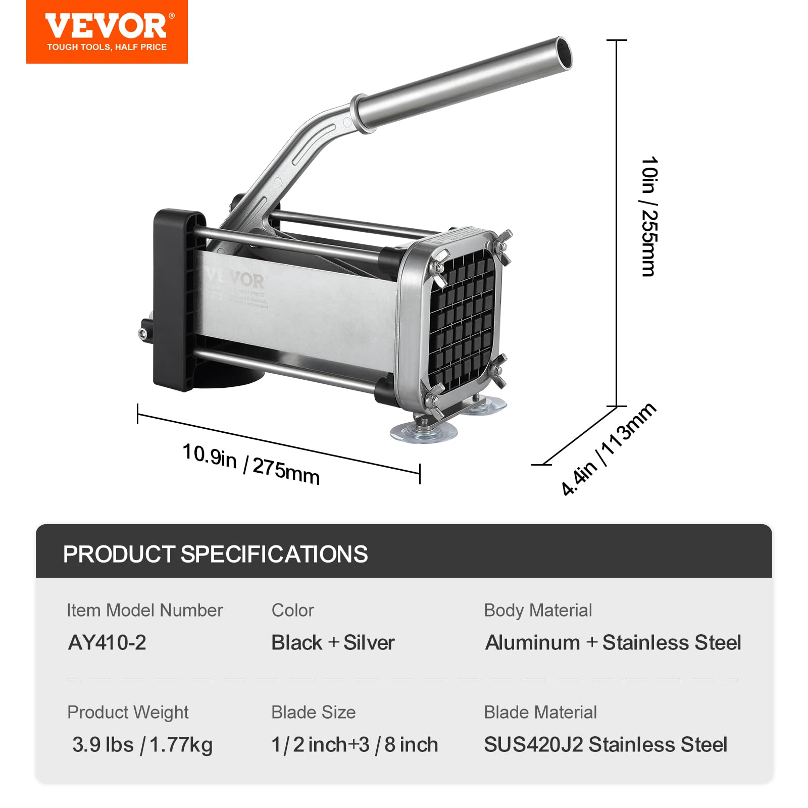 VEVOR Coupe-Frites Manuel, Coupe-Légumes Multifonction avec Lame en Acier Inoxydable de 12,7 mm et 9,5 mm, Trancheuse de Pommes de Terre avec Ventouses, pour Concombres, Carottes, Restaurant, Cuisine