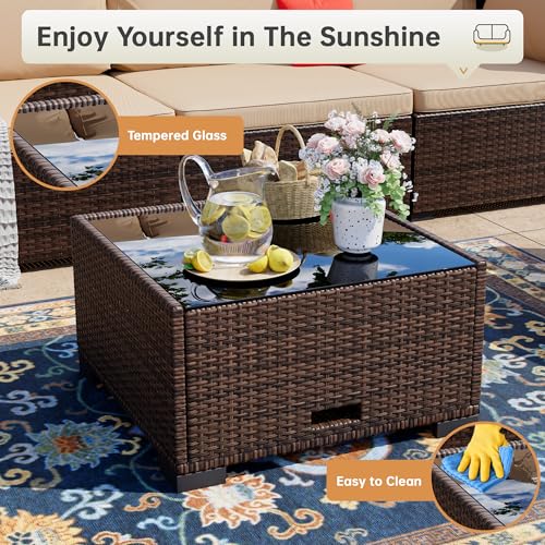 Image of LHBcraft 7 Piece Outside Sectional Furniture Set, All Weather Wicker Patio Sofa, Outdoor Sectional Balcony Furniture with Beige Cushion & Glass Coffee Table