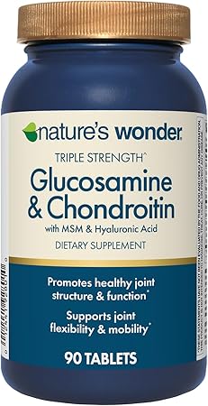 Nature's Wonder Triple Strength Glucosamine Chondroitin with MSM and Hyaluronic Acid and Boswellia for Joint Health, Supports Joint Flexibility and Mobility, 45 Day Supply, 90 Tablets