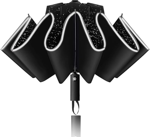 Yoophane Inverted Umbrella Windproof Strong, Automatic Compact Umbrella with Reflective Stripe, 10 Ribs Travel Folding Umbrella for Men and Women, Black