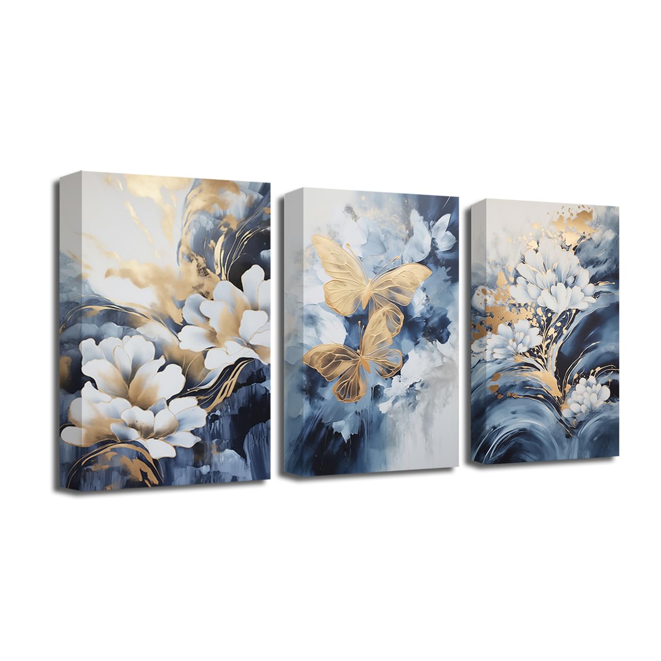 CXHOSTENT Blue and Gold Flowers Wall Art - 3 Pieces Blue White Golden Floral and Butterfly Paintings - Abstract Floral Picture for Bedroom Decor (60.00 x 90.00 cms x 3PCS) — image 1