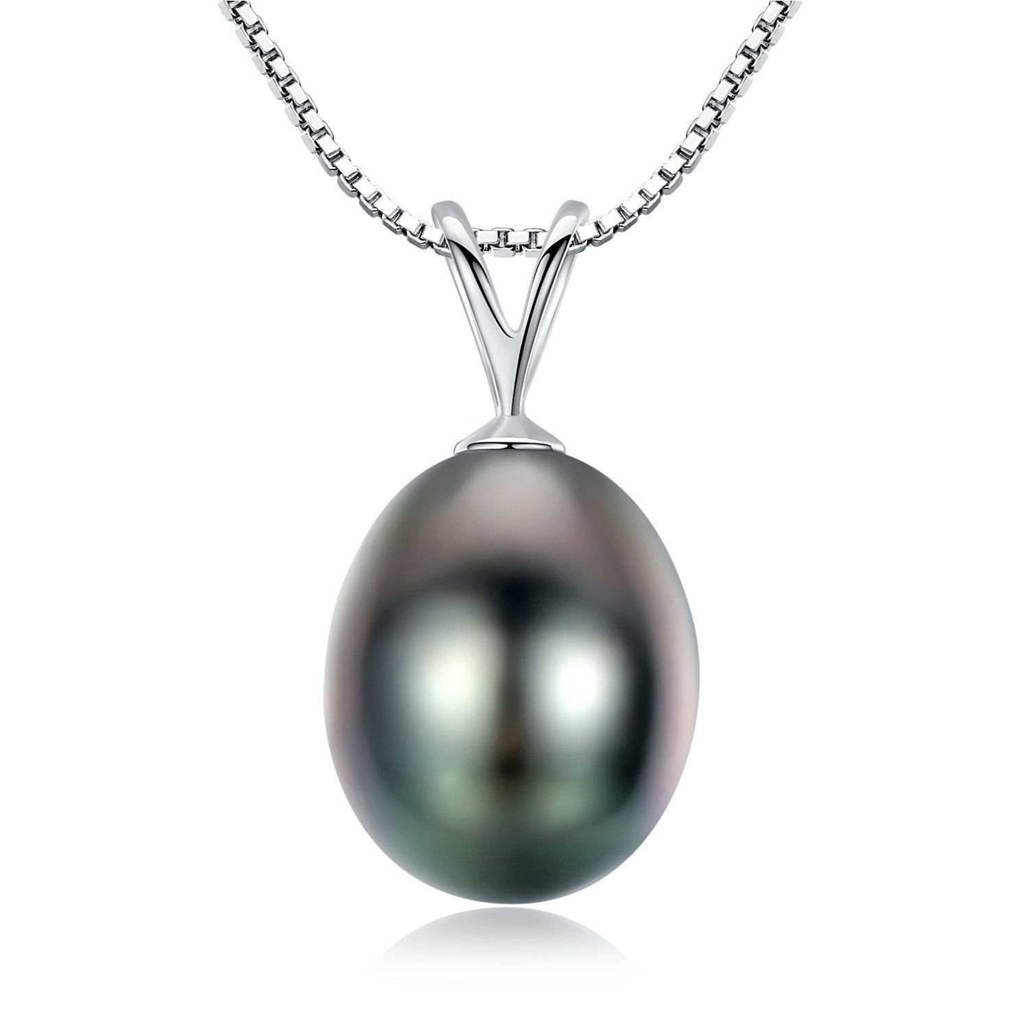 VIKI LYNNTahitian Black Pearl Necklace for Women 9-10mm Teardrop-shaped Tahitian Cultured Black Pearl Pendant with 925 Sterling Silver Chain