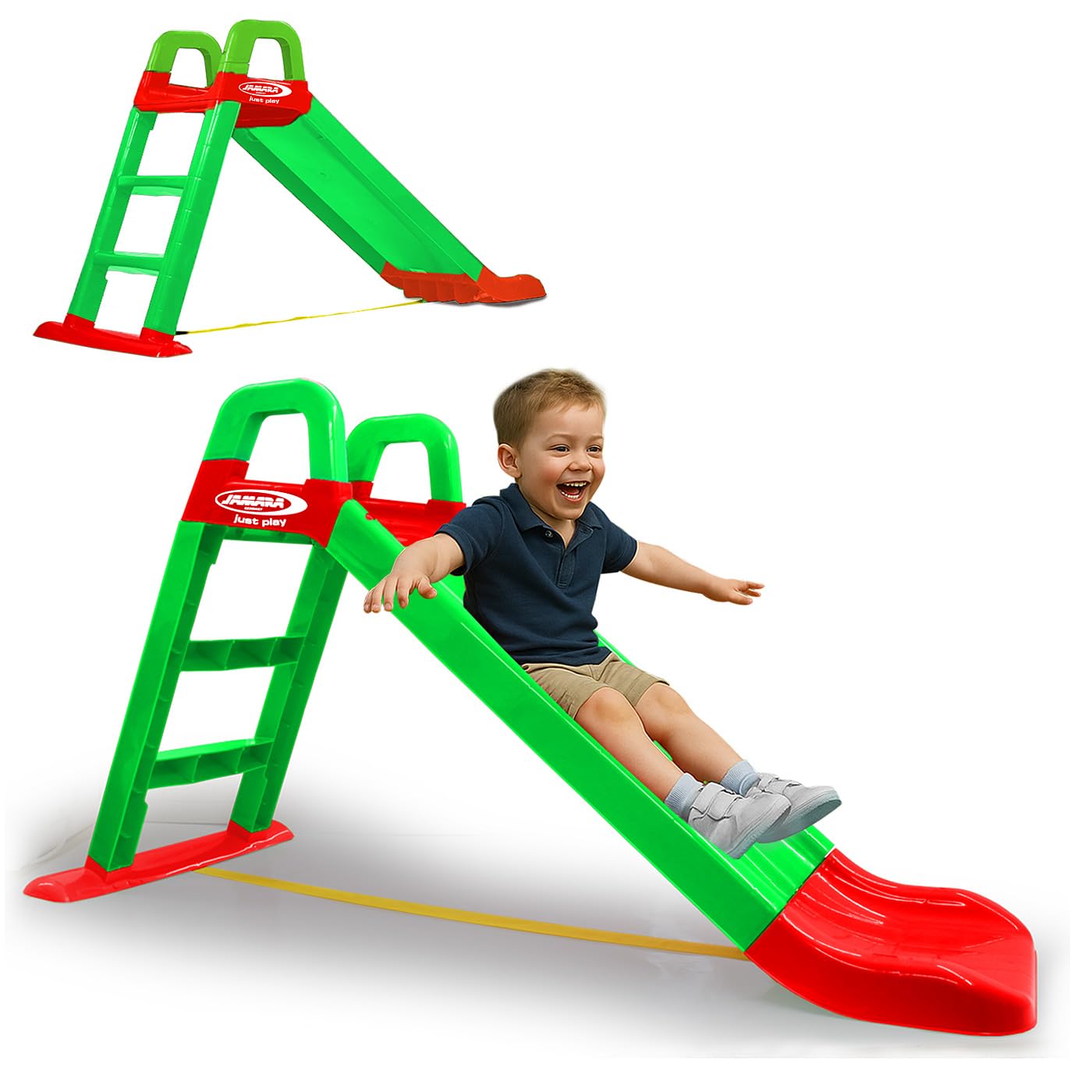 JAMARA 460502 - Tobogán Funny Slide - De plástico Resistente, caño Antideslizante para aterrizajes Suaves, escalones Anchos y Asas de Seguridad, Cuerda estabilizadora, Color Verde