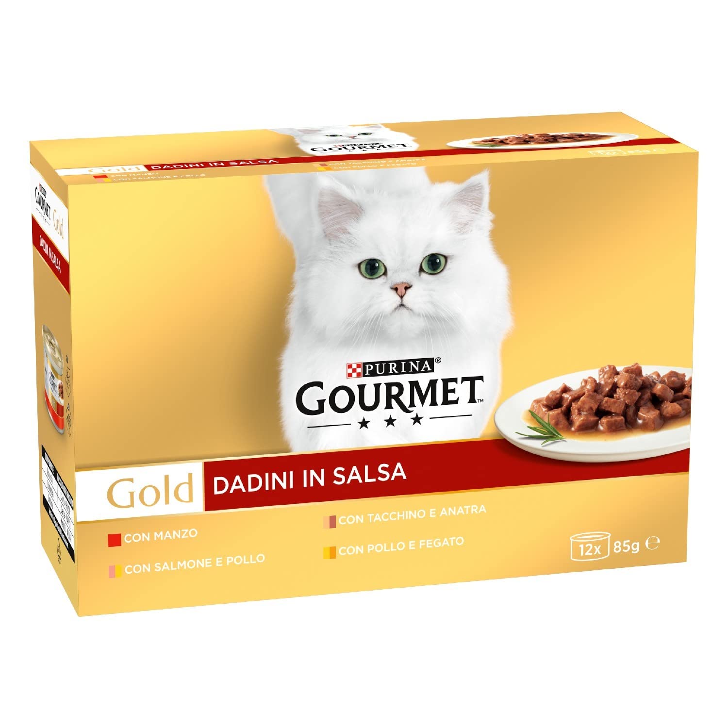 Purina Gourmet Gold Dadini in Salsa Cibo Umido per Gatti con Manzo, Salmone e Pollo, Tacchino e Anatra, Pollo e Fegato, 96 Lattine da 85 g