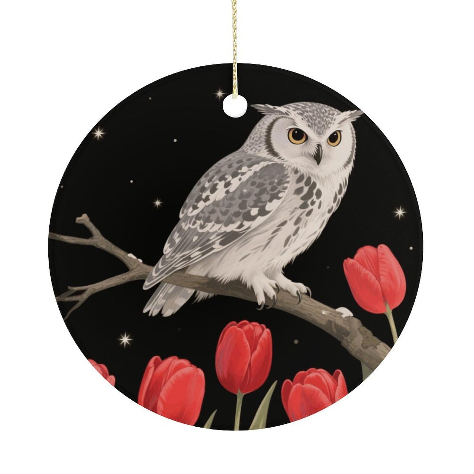 Personalized Christmas Ornaments 2025 Ceramic Hanging Owl Red Flower Ornaments with Gold String Double-Sided Vintage Holiday Decorations for Tree Mantel Tabletop Xmas Party Favors