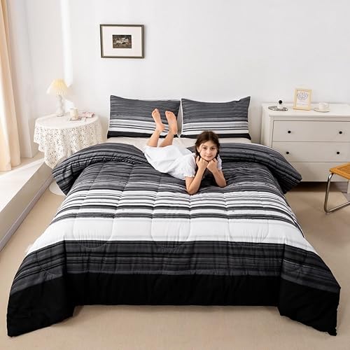 Miniatura 2 de Juego de edredón geométrico para niños, tamaño individual, juego de ropa de cama de arte moderno con rayas negras, blancas y grises, diseño