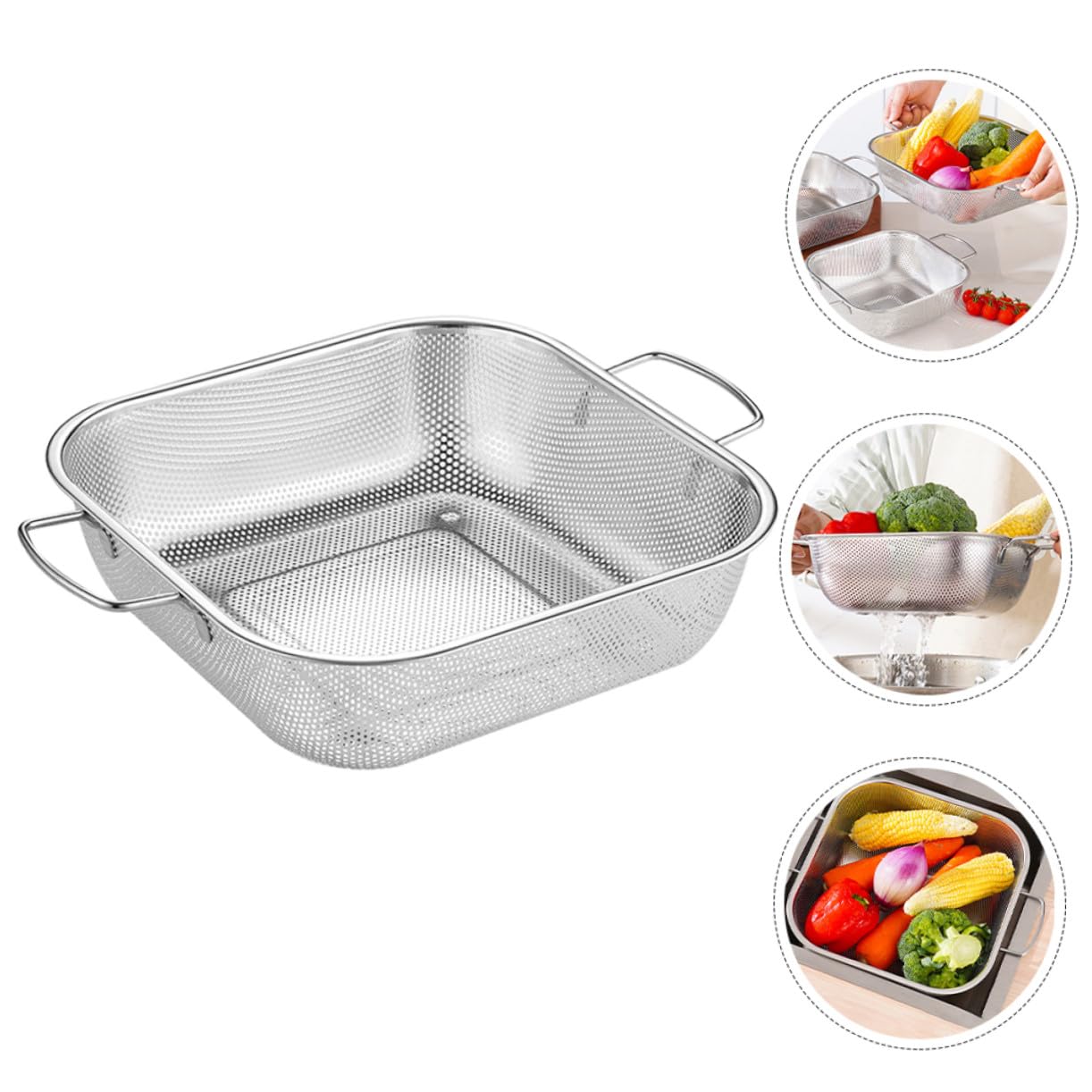 Colador de Acero Inoxidable con Asas Dobles, 1 Pieza, Plata | Gran Capacidad, Drenaje y Filtrado de Agua, Formato Cuadrado para Lavado de Frutas y Verduras
