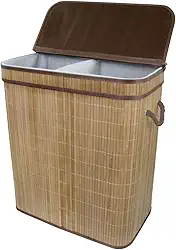 Cesto De Roupa Suja De Bambu Retangular Grande Duplo Com Tampa e Alças