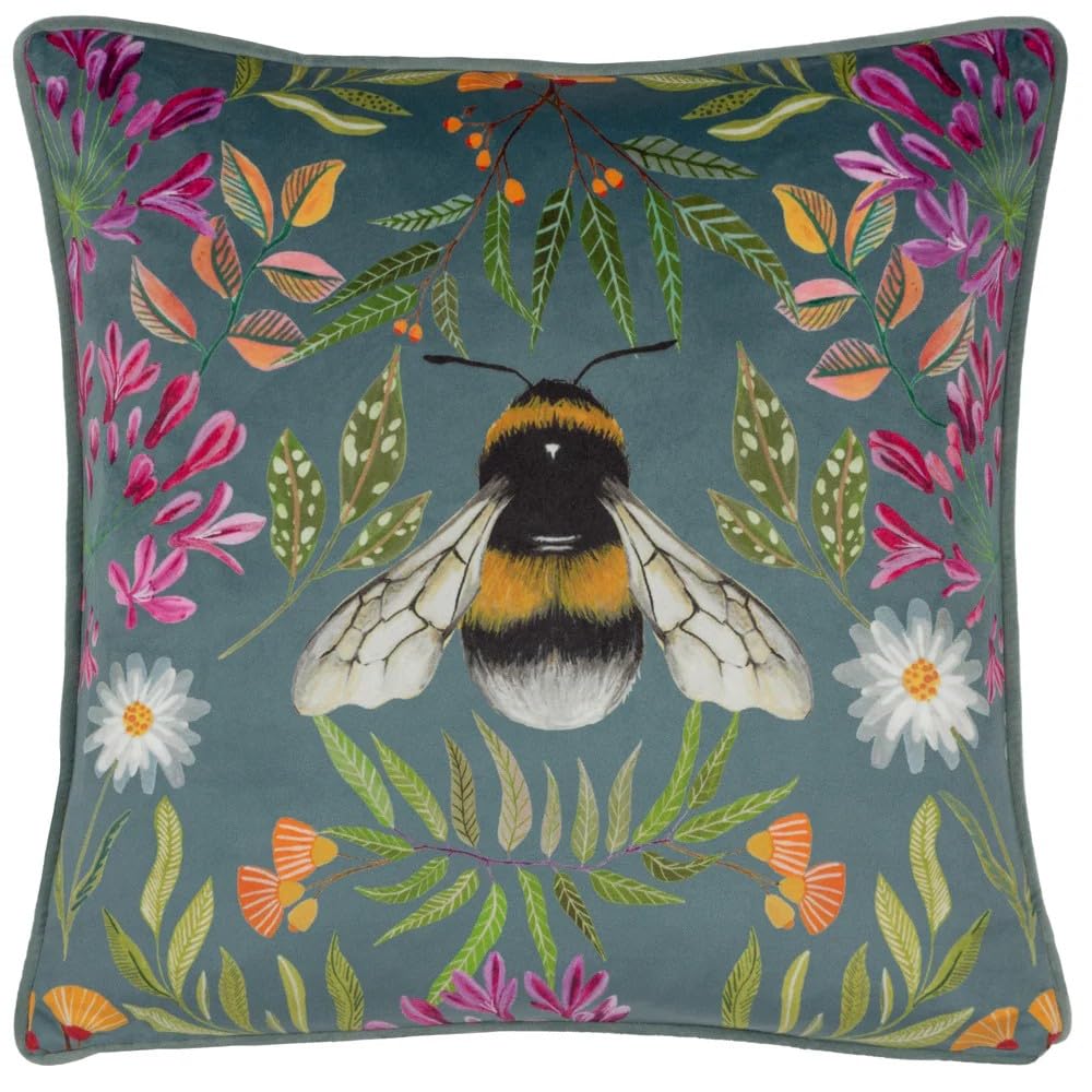 Wylder Nature House Of Bloom Zinnia Bee Cushion Cover – Floral Botanical Bumblebee Design (Grey – 43 x 43cm)